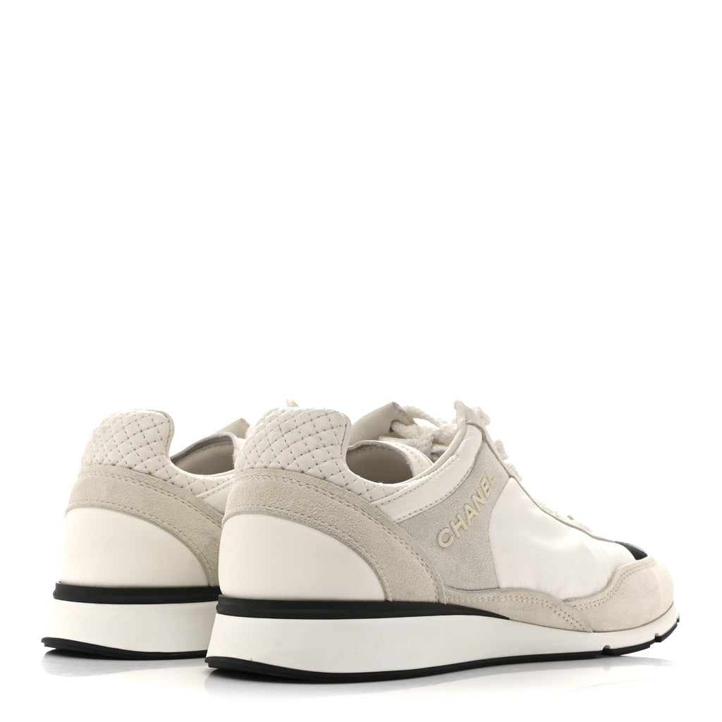 Chanel Nylon Suede Kidskin Calfskin Women's Logo Sneakers 37.5 White Black