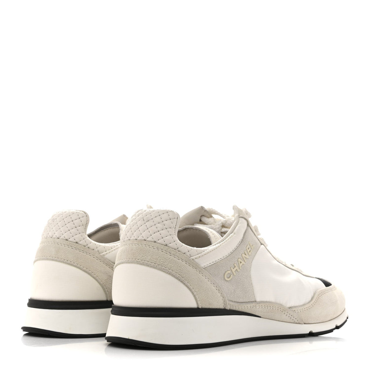 Chanel Nylon Suede Kidskin Calfskin Women's Logo Sneakers 37.5 White Black