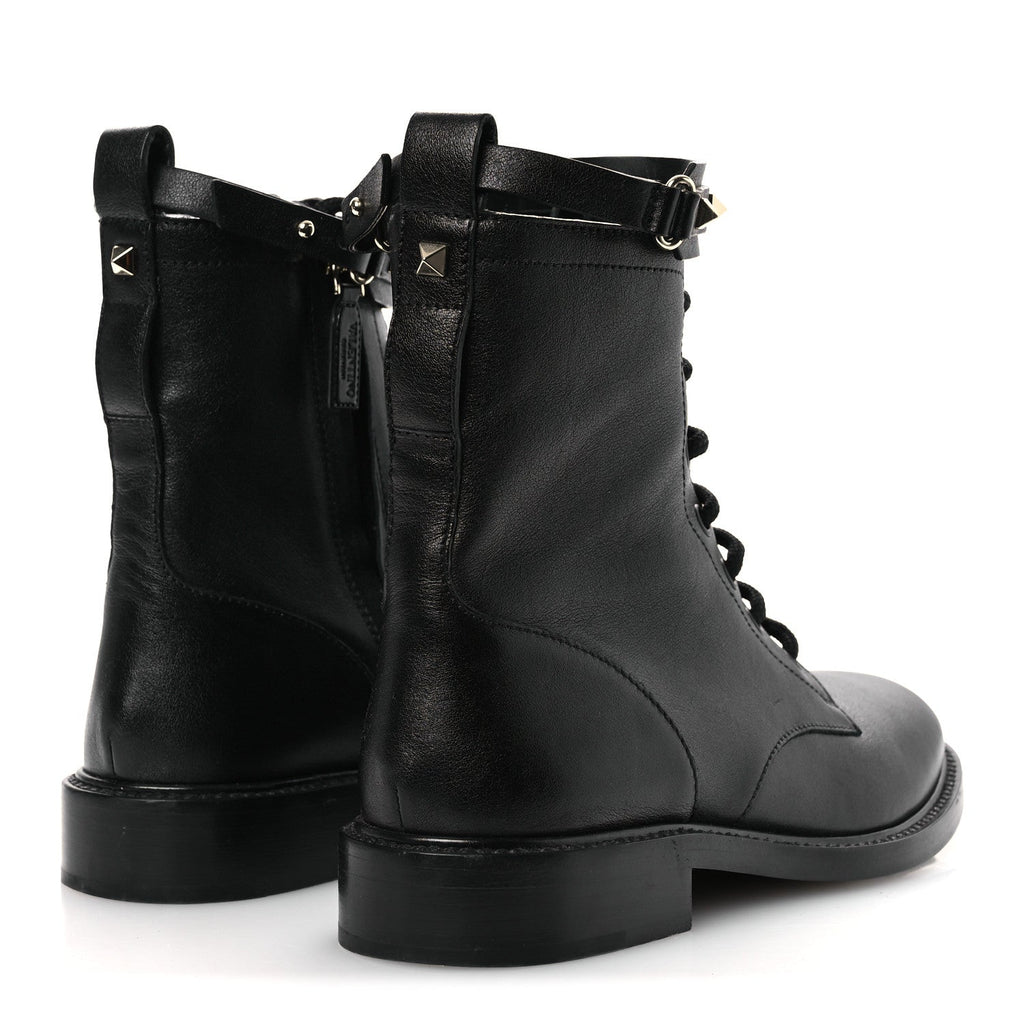 Valentino Garavani Calfskin Women's Rockstud Combat Ankle Boots 37 Black