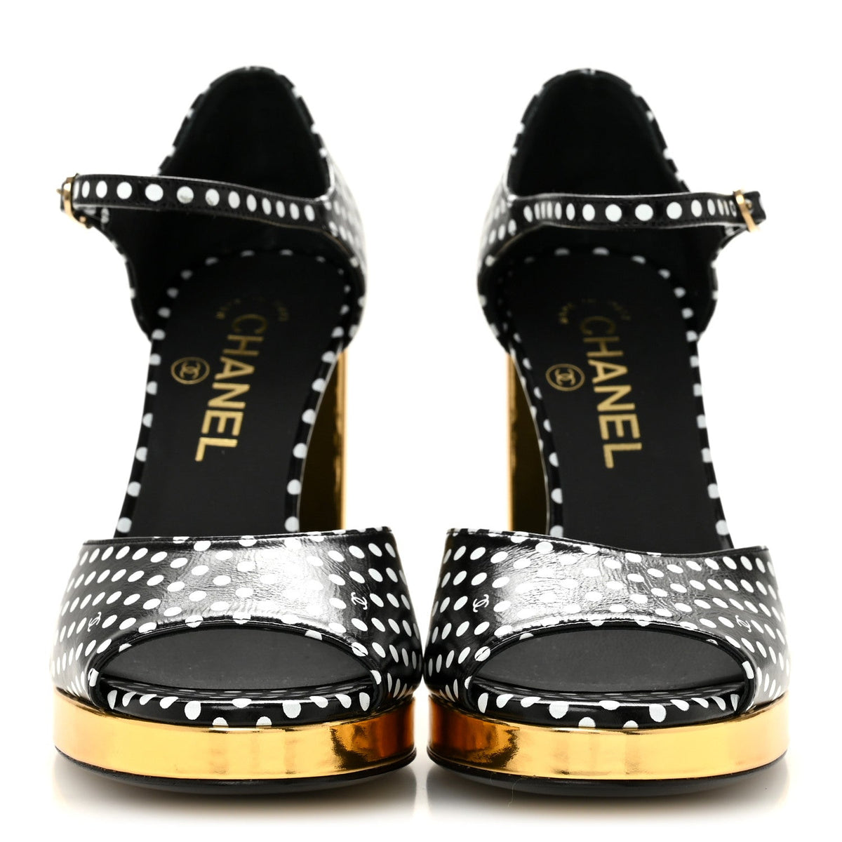 Chanel Printed Calfskin Women's Polka Dot CC Platform Sandals 37 Black White