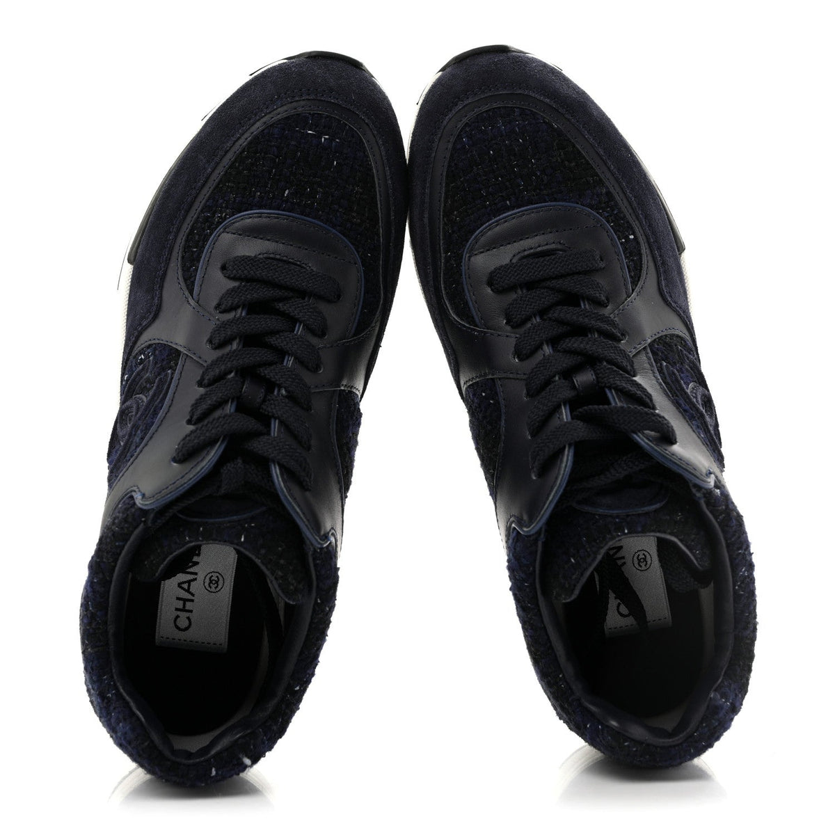 Chanel Tweed Suede Women's CC Sneakers 37.5 Black Blue