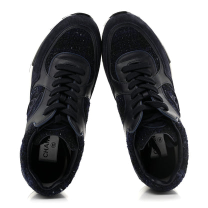 Chanel Tweed Suede Women's CC Sneakers 37.5 Black Blue
