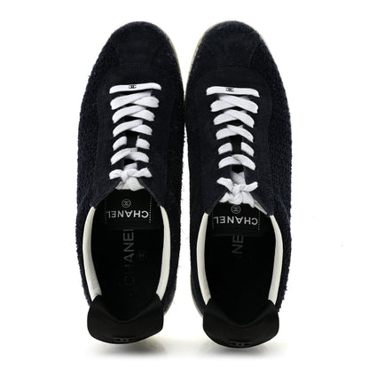 Chanel Tweed Suede Women's CC Low Top Sneakers 40.5 Navy