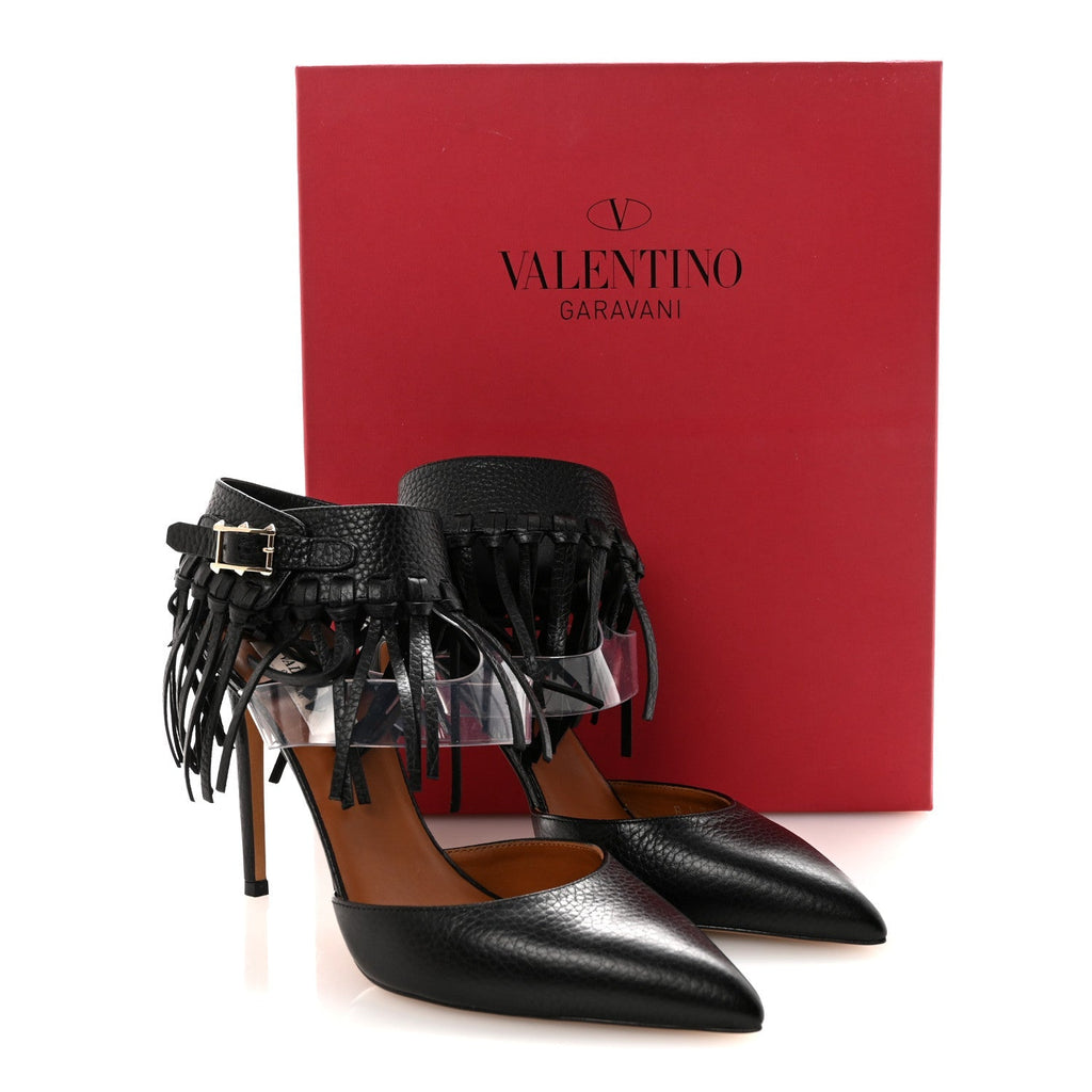 Valentino Garavani Calfskin Women's C Rockee Fringe Pumps 38.5 Black