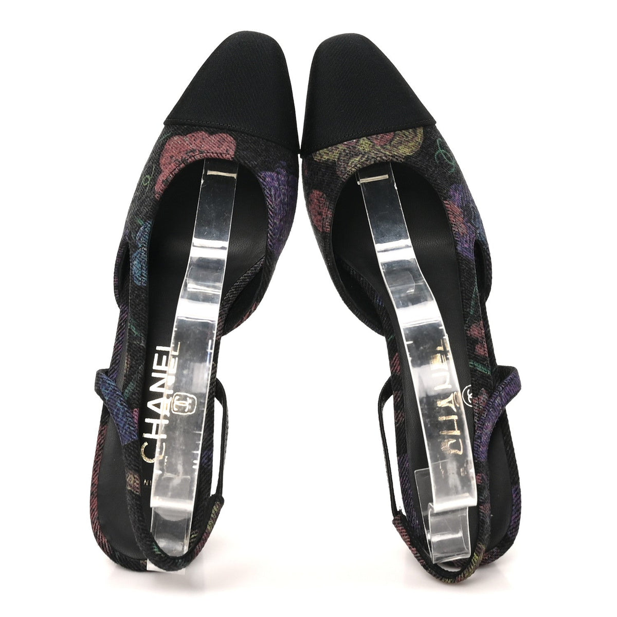 Chanel Denim Grosgrain Women's CC Slingback Pumps 37 Charcoal Multicolor