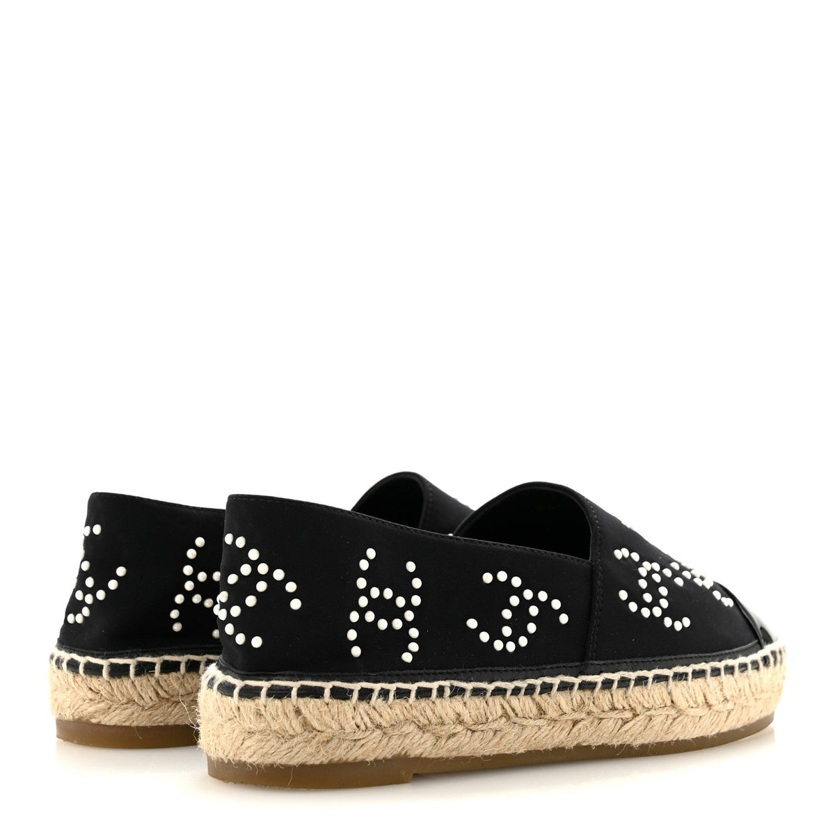Chanel Neoprene Patent Calfskin Women's Pearl CC Espadrilles 35 Black White