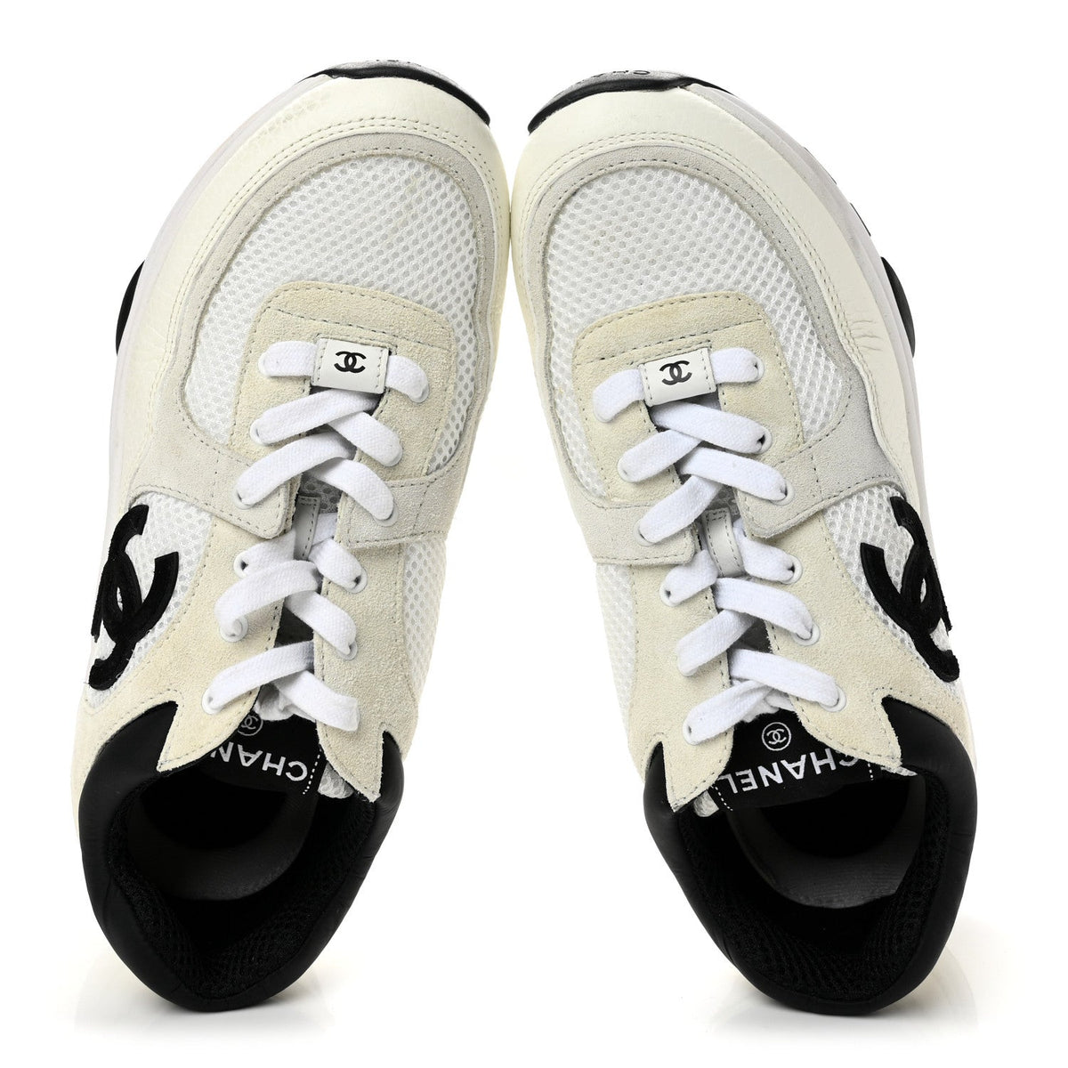 Chanel Mesh Suede Grained Calfskin Women's CC Sneakers White Black