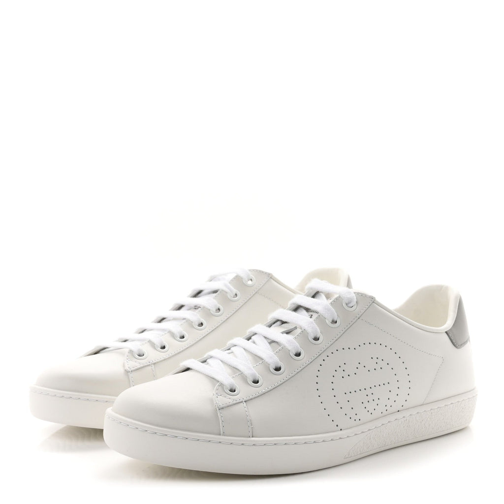 Gucci Calfskin Women's Interlocking G Ace Sneakers 38.5 White Grey Sky