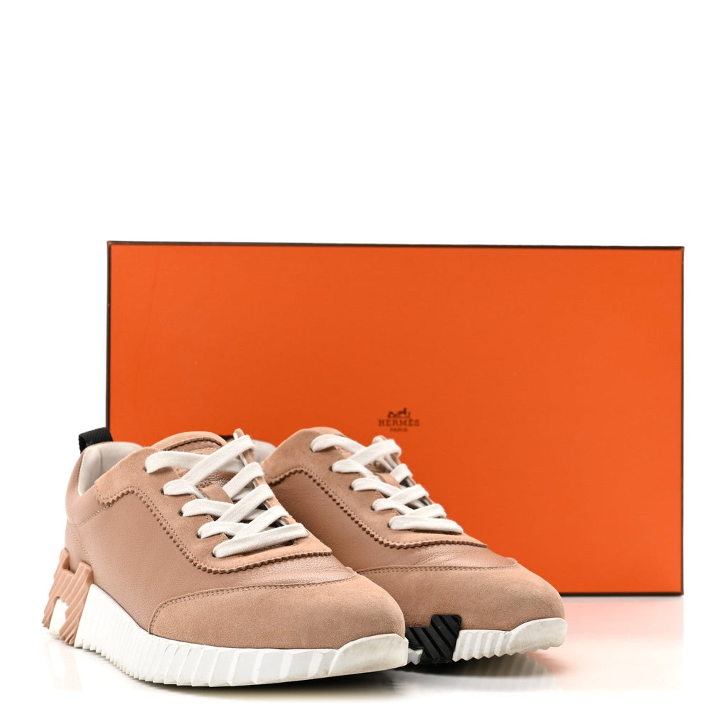 Hermes Sport Goatskin Suede Women's Bouncing Sneakers 37 Beige Perlino