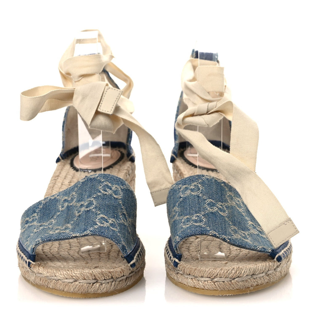 Gucci Denim Women's GG Monogram Pilar Espadrille Wedge Sandals 41 Light Blue