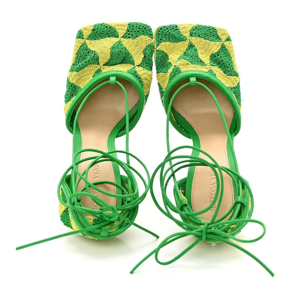 Bottega Veneta Crochet Lambskin Women's Stretch Ankle Tie Sandals 37 Kiwi Parakeet