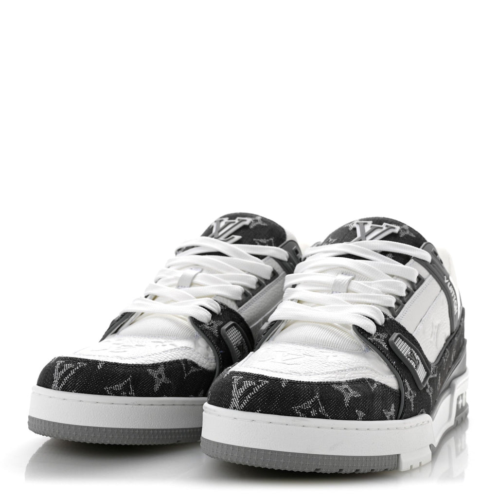 Louis Vuitton Calfskin Embossed Monogram Denim Men's LV Trainer Sneakers 10 Grey