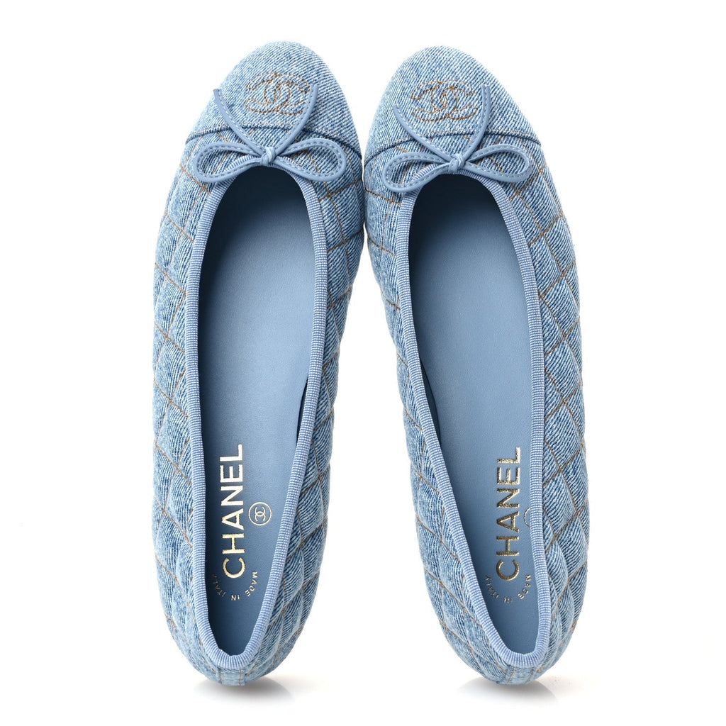 Chanel Denim Quilted CC Cap Toe Women's Ballerina Flats Light Blue