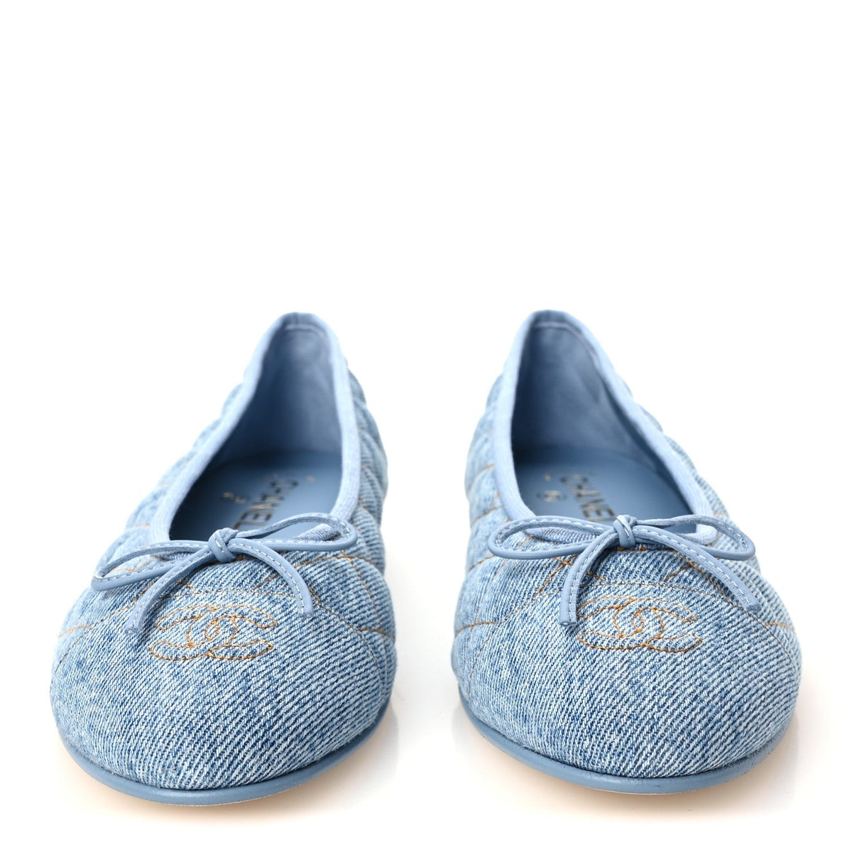 Chanel Denim Quilted CC Cap Toe Women's Ballerina Flats Light Blue