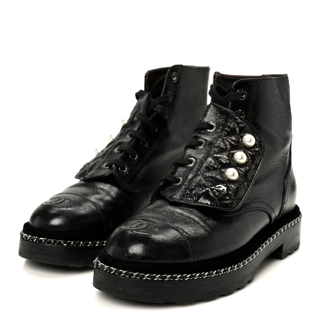 Chanel Crackled Calfskin Velvet Pearl Women's Combat Short Boots 36 Black