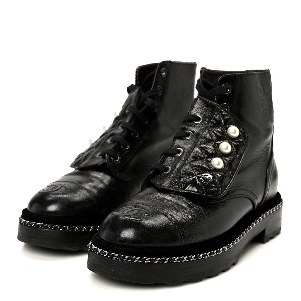 Chanel Crackled Calfskin Velvet Pearl Women's Combat Short Boots 36 Black