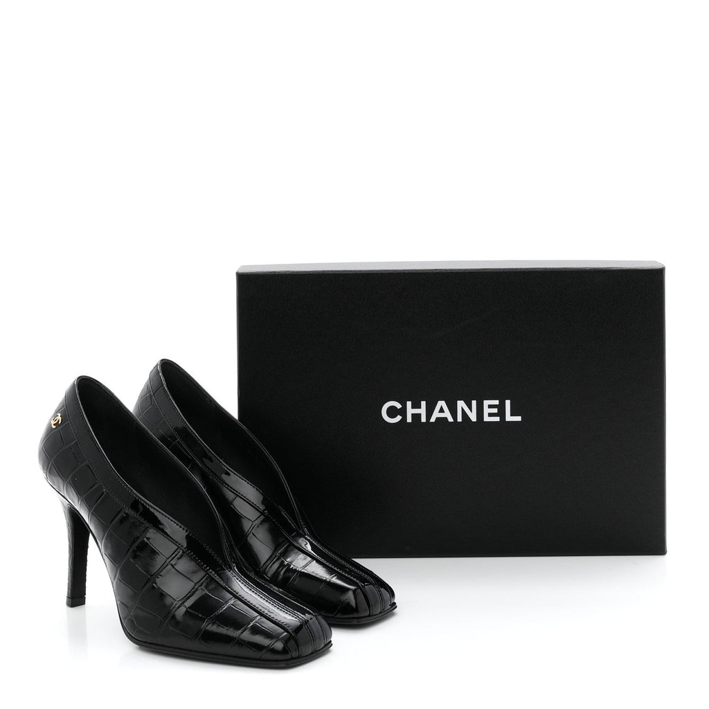 Chanel Crocodile Embossed Patent Calfskin Women's Pumps 36 Black