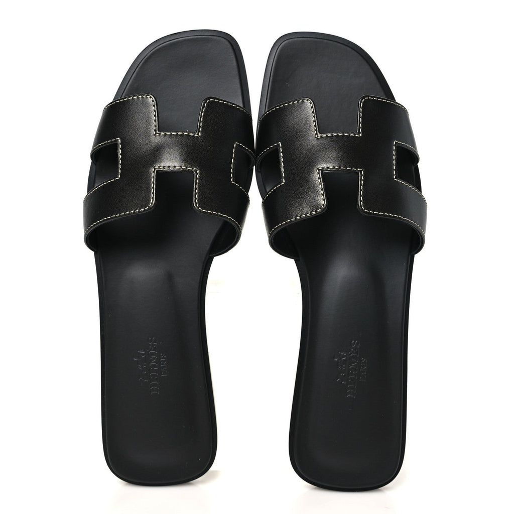 Hermès Box Calfskin Women's Oran Sandals 37.5 Black