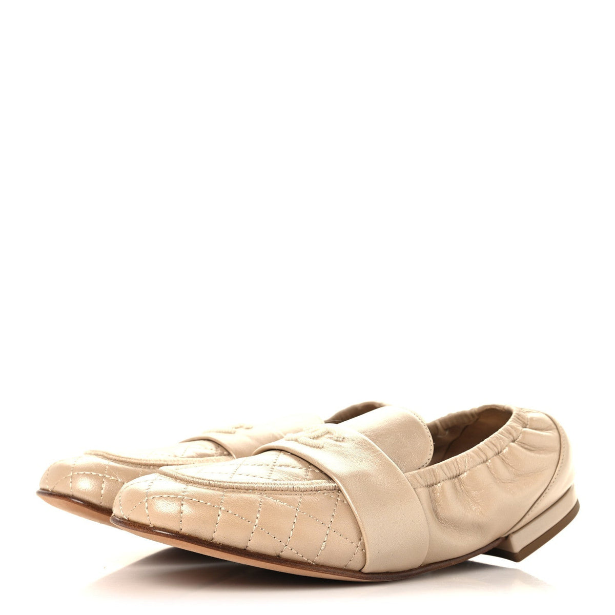 Chanel Laminated Lambskin Quilted Elastic CC Women's Loafers Beige
