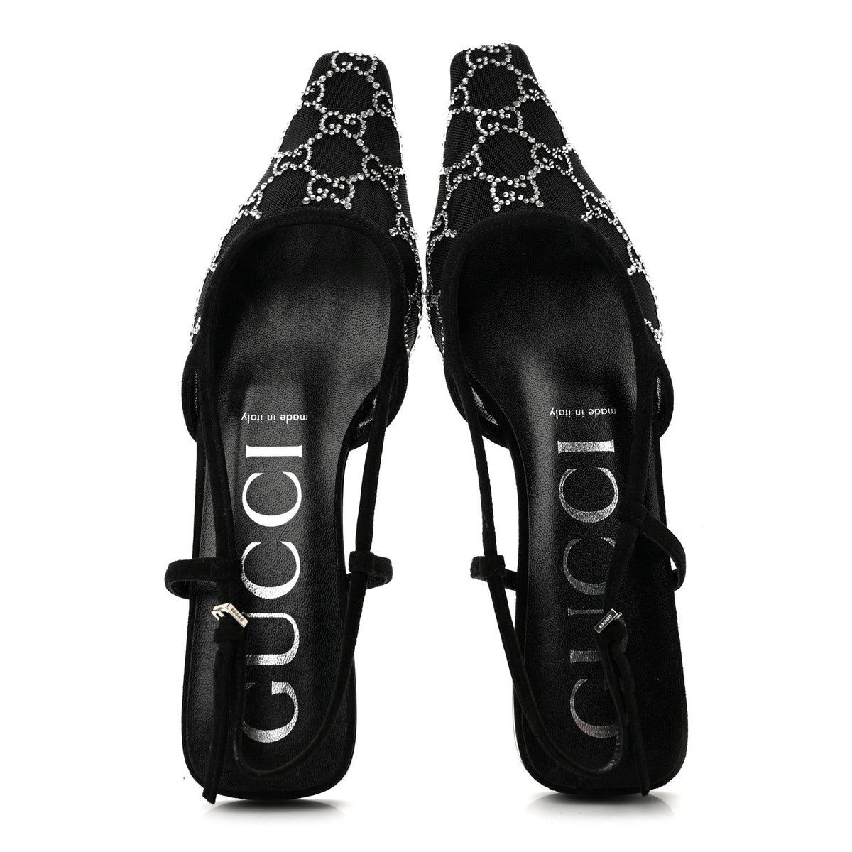 Gucci Suede Mesh Women's Crystal GG Demi Ballet Flats 37.5 Black