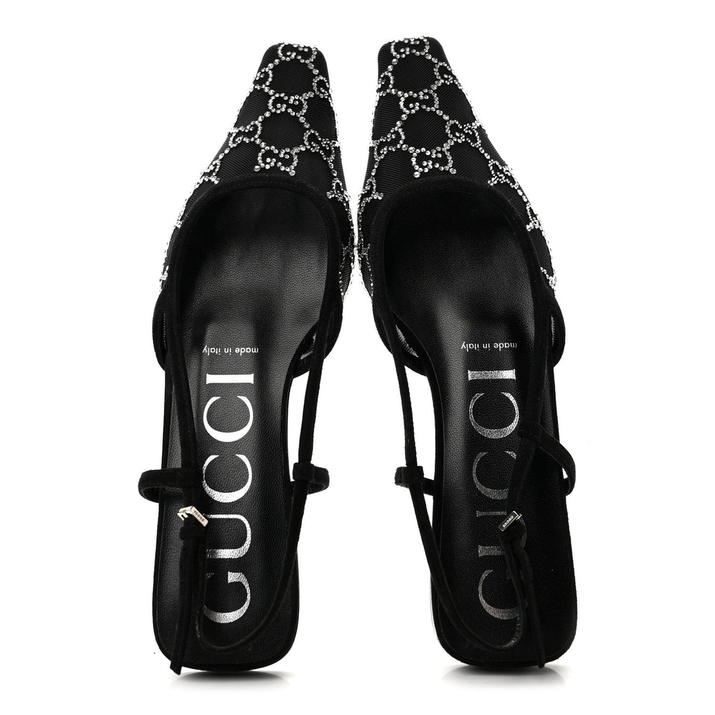 Gucci Suede Mesh Crystal Women's GG Demi Ballet Flats 37.5 Black