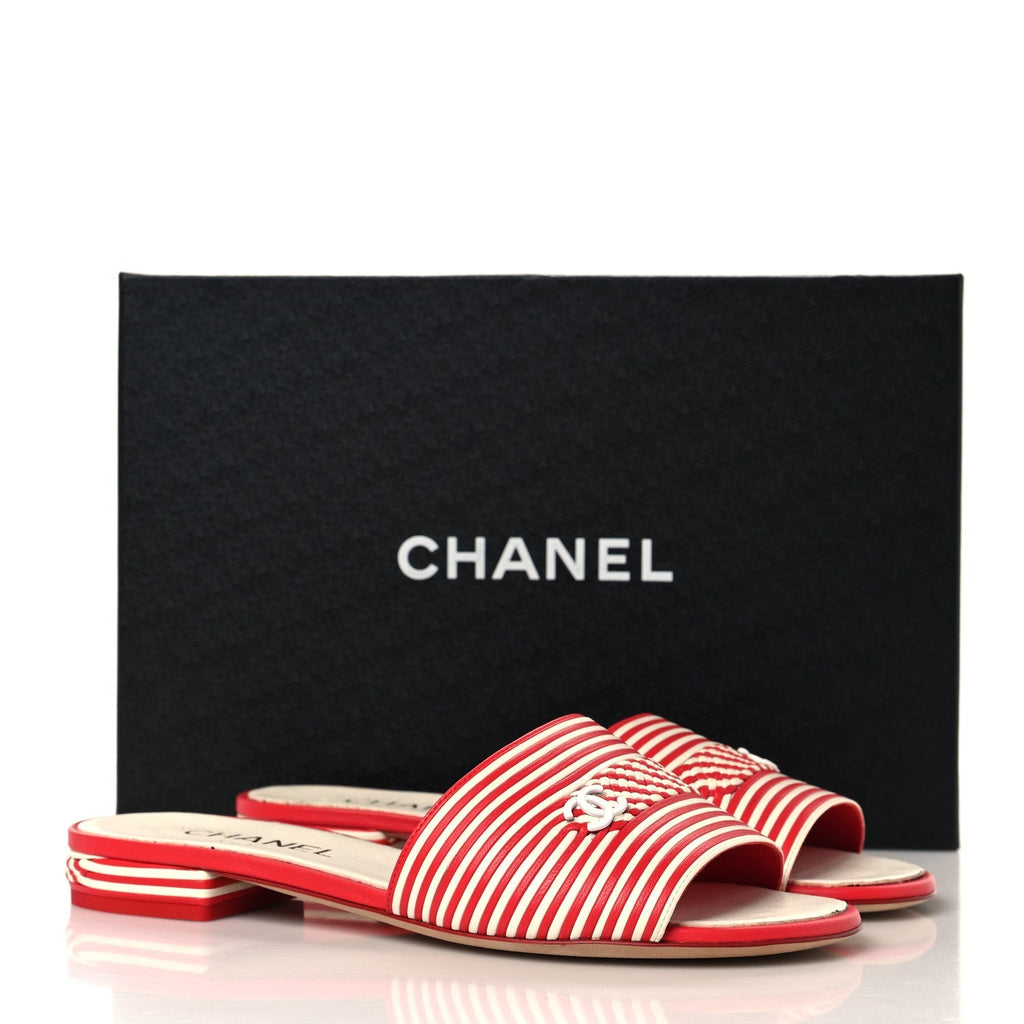 Chanel Lambskin Women's Braided CC Sandals 38.5 White Red
