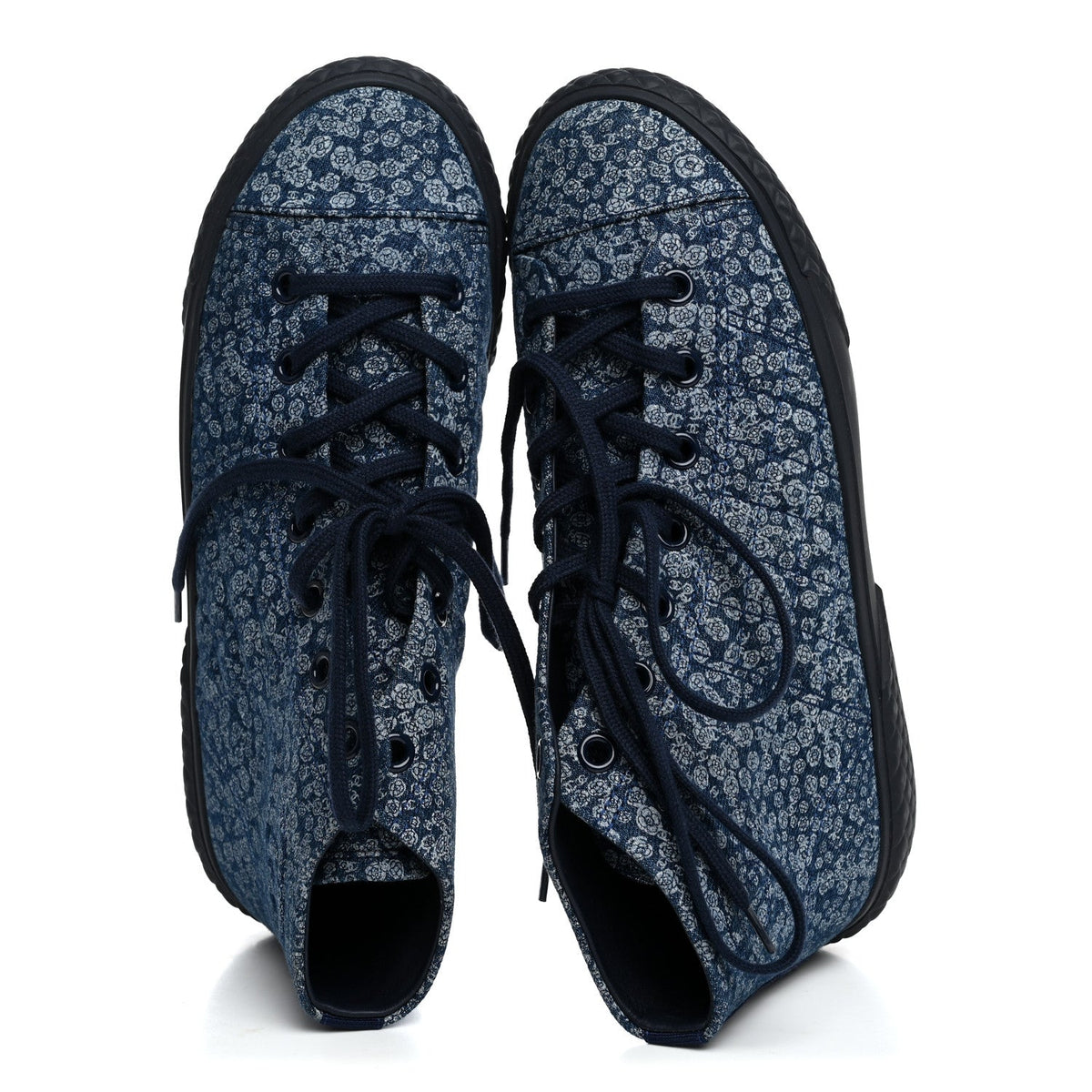 Chanel Printed Denim Women's Quilted High Top Sneakers 41 Dark Blue