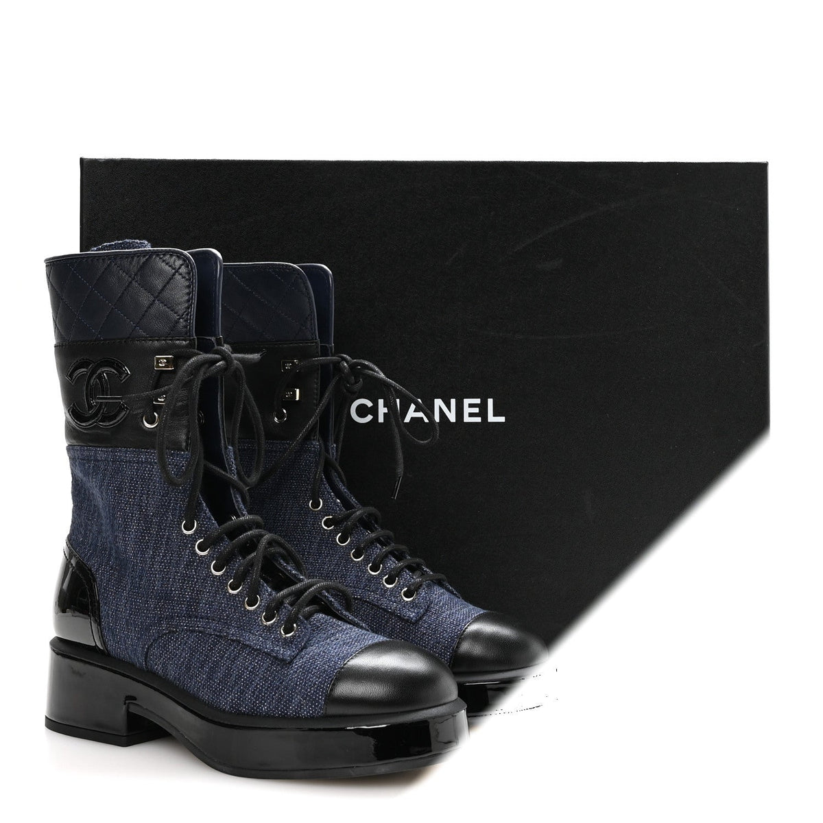 Chanel Fabric Patent Lambskin Women's Quilted CC Lace Up Combat Boots 36.5 Navy Blue Black