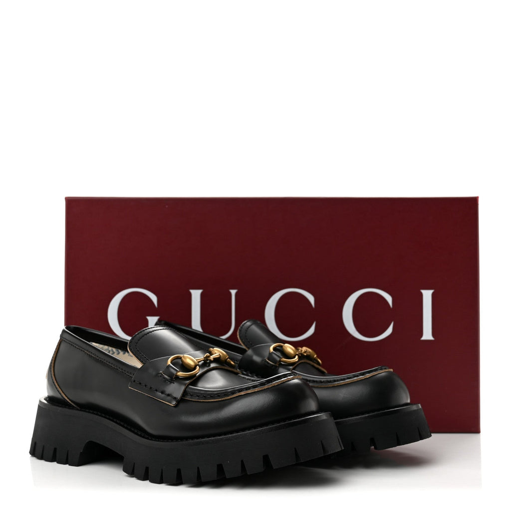 Gucci Cordovan Lux Women's Harald Horsebit Platform Loafers 35.5 Black