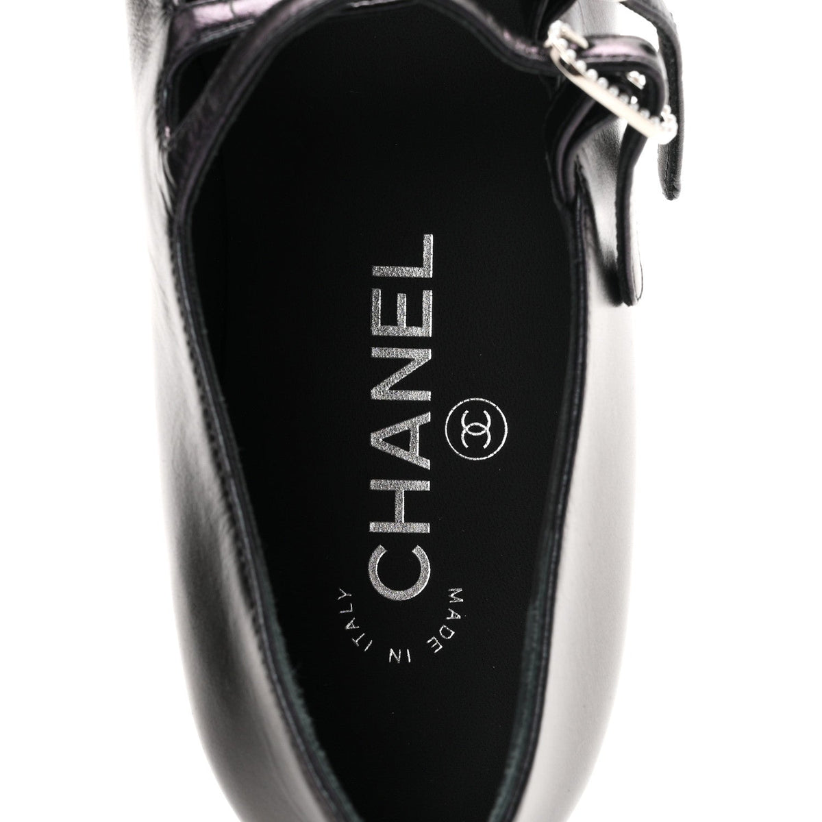 Chanel Lambskin Grosgrain Pearl Mary Jane Women's Flats Black