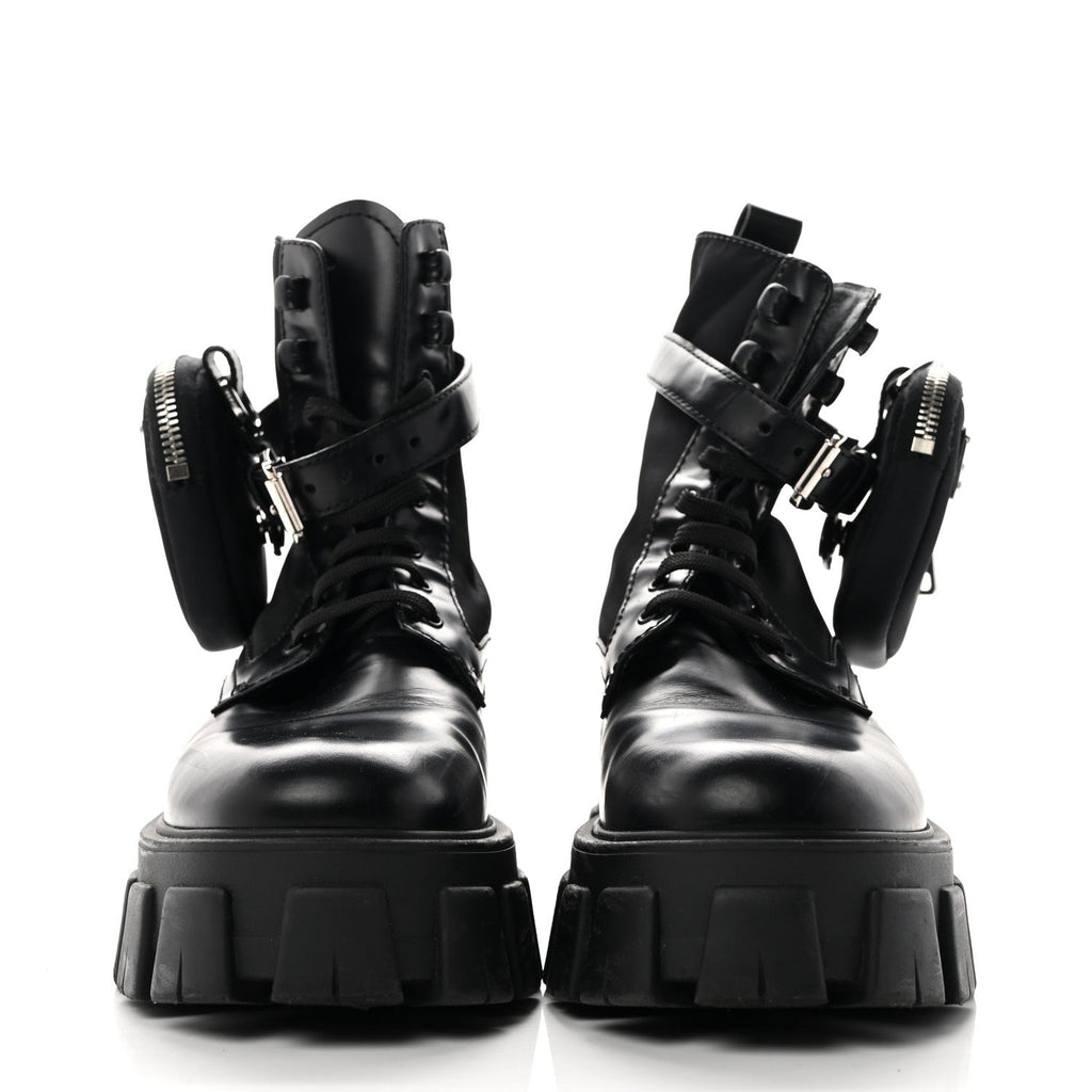 Prada Spazzolato Calfskin Nylon Women's Monolith Pouch Boots 38 Black
