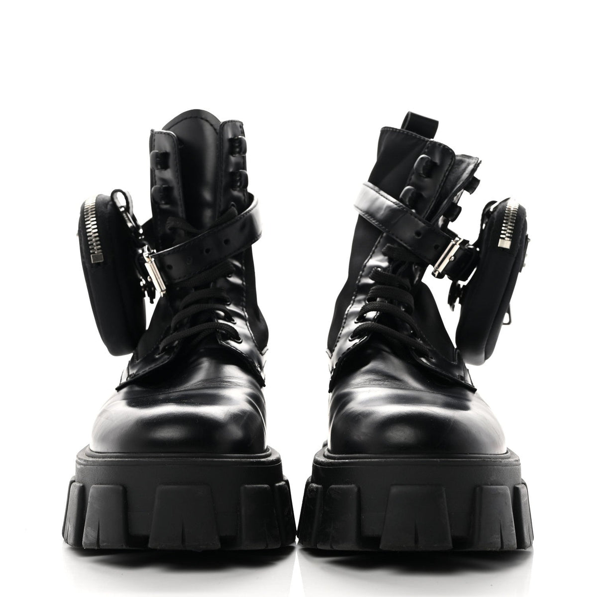 Prada Spazzolato Calfskin Nylon Women's Monolith Pouch Boots 38 Black