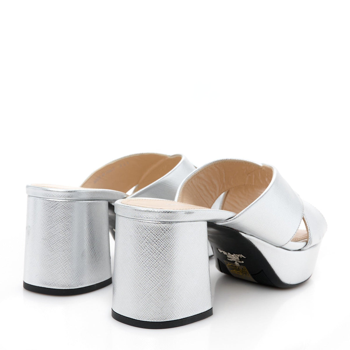 Prada Metallic Saffiano Crisscross Women's Platform Sandals 34.5 Silver