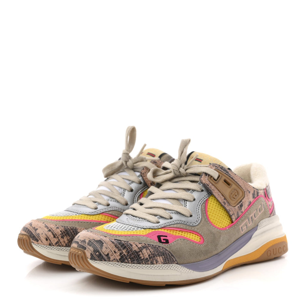 Gucci Suede Calfskin Tejus Printed Women's Ultrapace Sneakers 37.5 Pink Silver Oatmeal Yolk