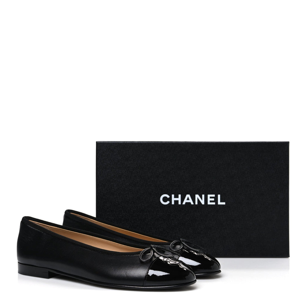 Chanel Lambskin Patent Cap Toe Women's Ballerina Flats Black