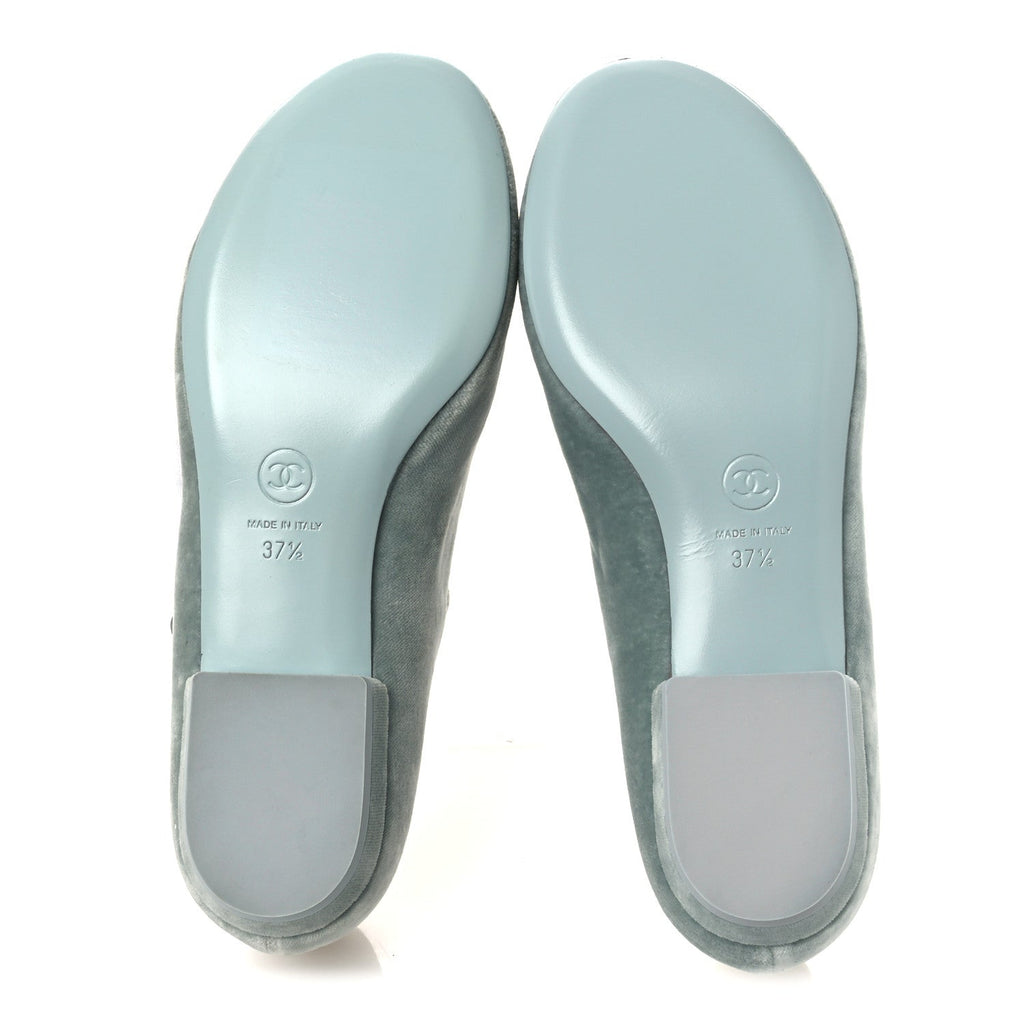 Chanel Velvet Grosgrain Bow Women's Mary Jane Flats 37.5 Light Green White