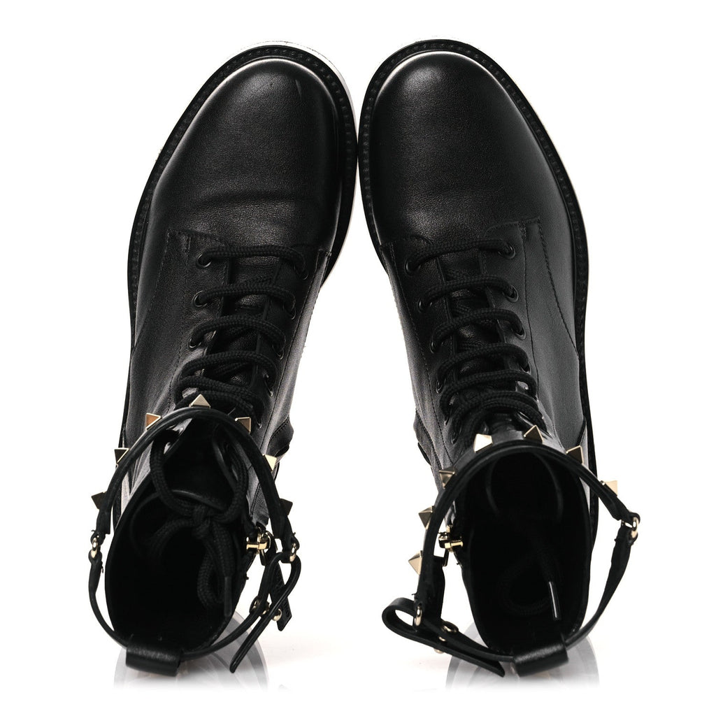 Valentino Garavani Calfskin Women's Rockstud Combat Ankle Boots 37 Black