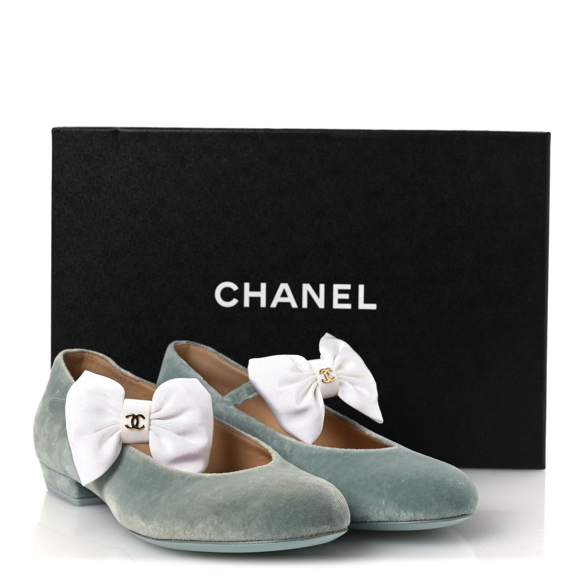 Chanel Velvet Grosgrain Bow Women's Mary Jane Flats 37.5 Light Green White