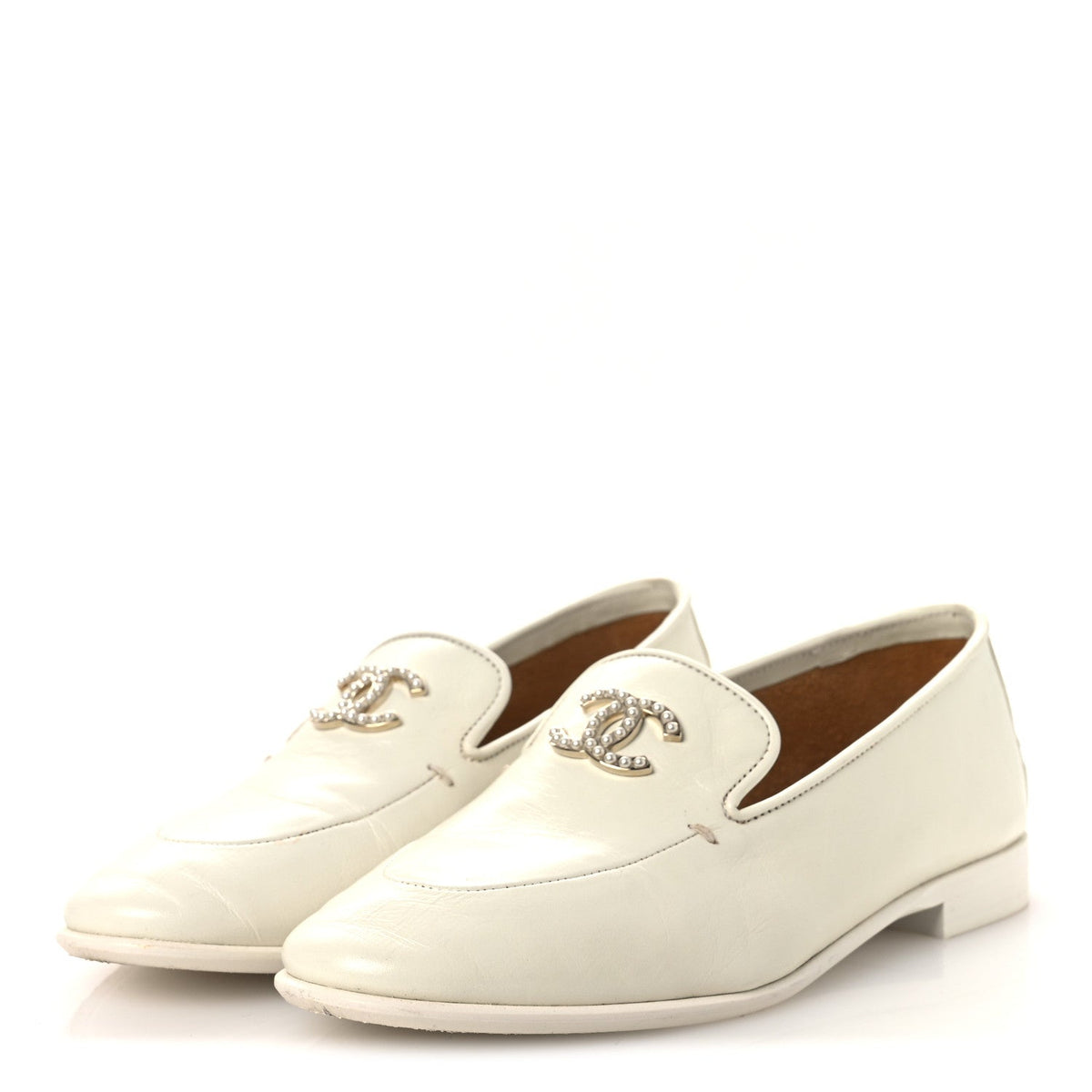 Chanel Shiny Calfskin Pearl CC Women's Mocassin Loafers 36 White