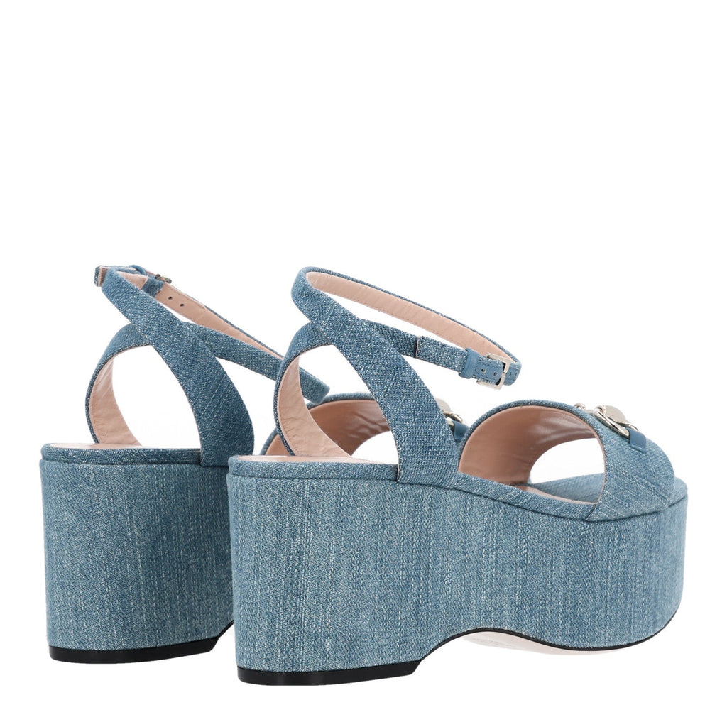 Gucci Denim Women's Horsebit Flatform Sandals 36 Old Azure