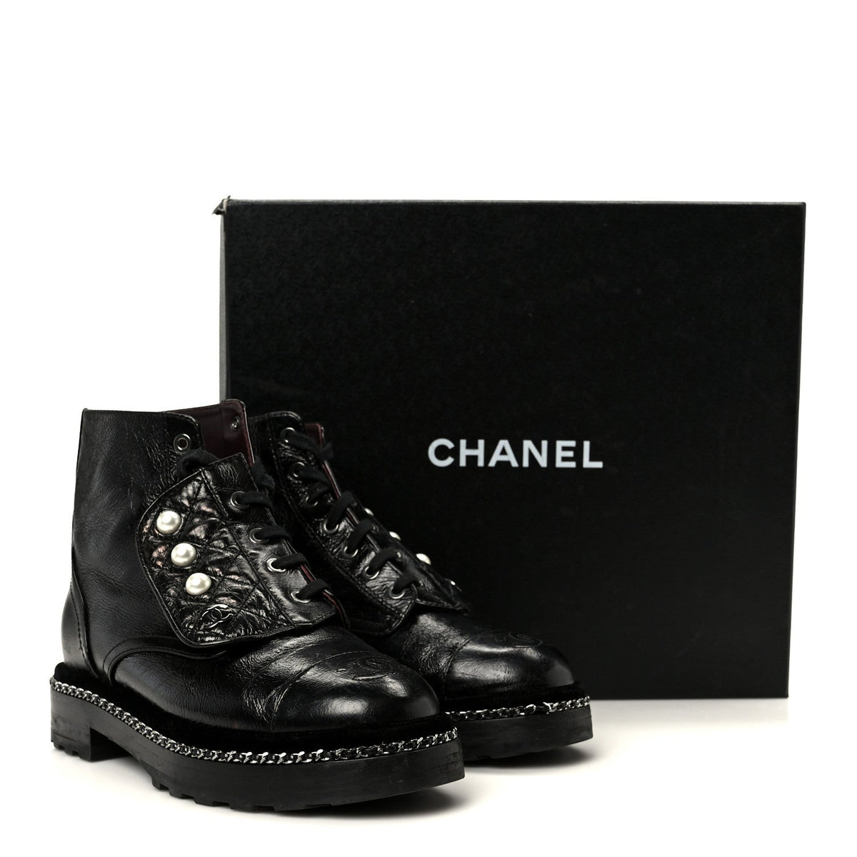 Chanel Crackled Calfskin Velvet Pearl Women's Combat Short Boots 36 Black