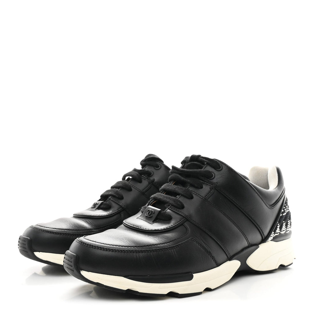 Chanel Calfskin Tweed Women's CC Sneakers 41 Black White