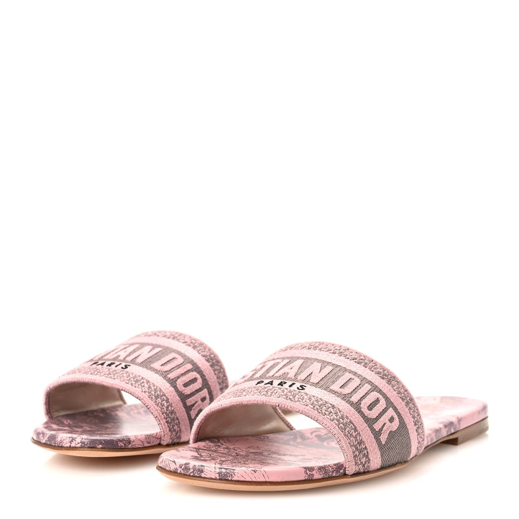 Christian Dior Canvas Women's Toile De Jouy Embroidered Dway Flat Slide Sandals 36 Chateau Rose