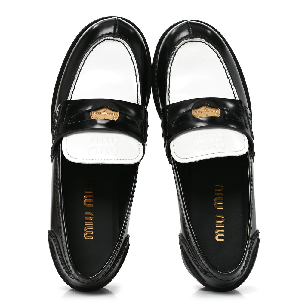 Miu Miu Spazzolato Calfskin Women's Penny Loafers 36 Black White