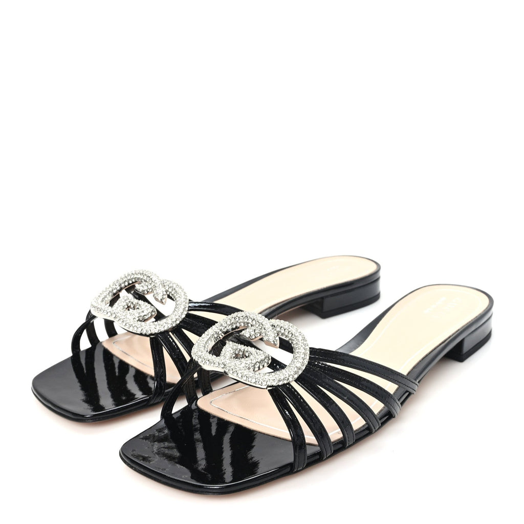 Gucci Vernice Crystal Women's Interlocking G Slide Sandals 40 Black