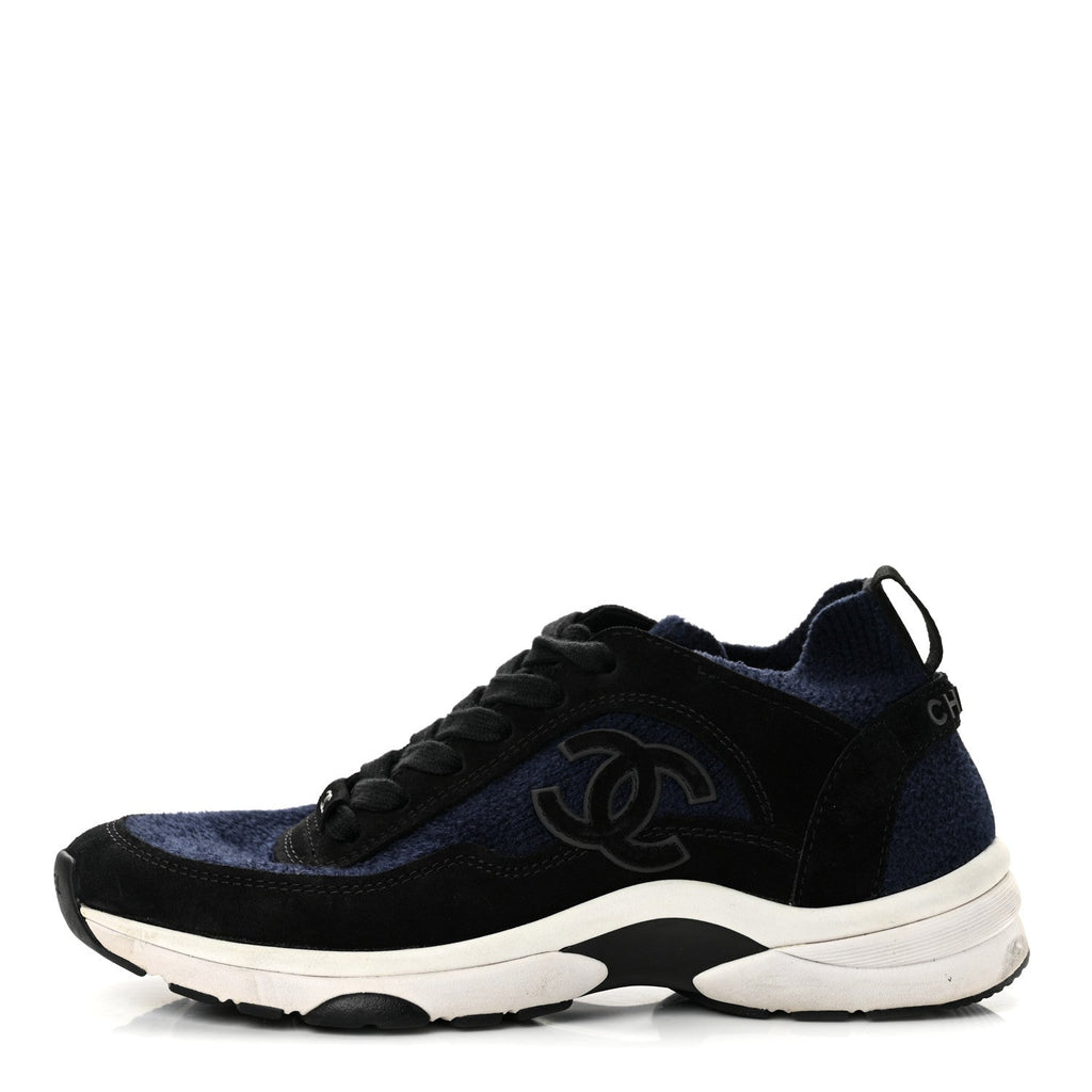 Chanel Knit Fabric Suede Calfskin CC Women's Sneakers Navy Black
