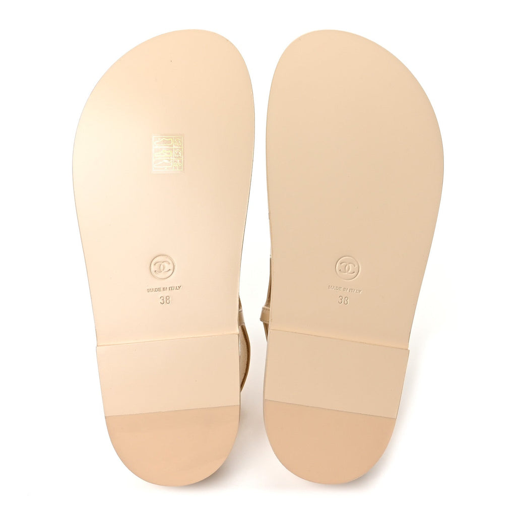 Chanel Shiny Crumpled Lambskin CC Cut Out Women's Sandals Beige