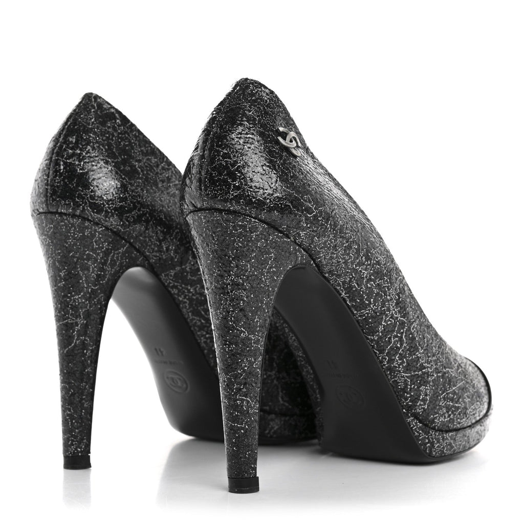 Chanel Metallic Crackled Calfskin Patent Cap Toe Women's Pumps 41 Silver Black