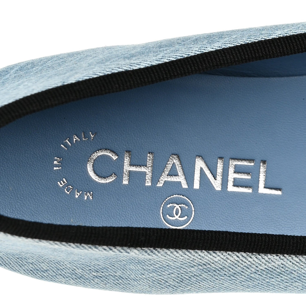 Chanel Denim Printed Quilt CC Cap Toe Women's Ballerina Flats Light Blue Dark Grey