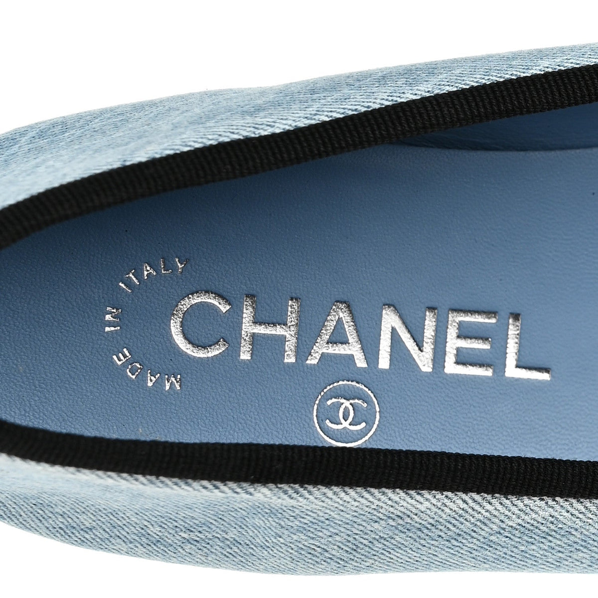 Chanel Denim Printed Quilt CC Cap Toe Women's Ballerina Flats Light Blue Dark Grey